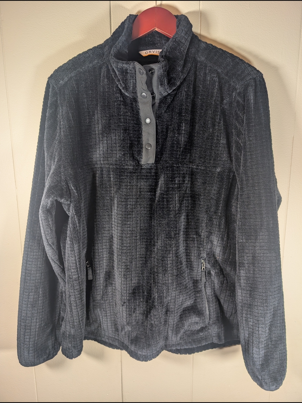 ORVIS Fleece Soft Plush Grid Textured Pullover Jacket Women’s XL Black Snap Neck